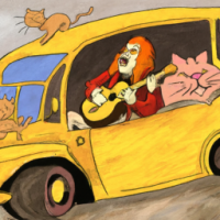 Garfield driving a school bus in a rock concert, Painting by Leonardo Da Vinci